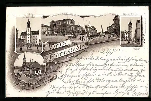 Lithographie Darmstadt, Glockenspiel, Martinskirche und Theater mit Kriegerdenkmal