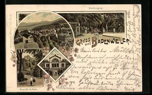 Lithographie Badenweiler, Teilansicht des Ortes mit Ansicht im Park