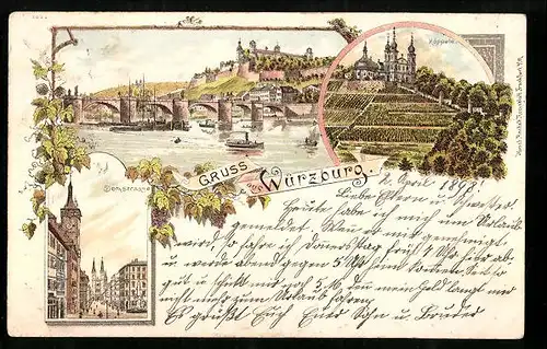 Lithographie Würzburg, Domstrasse, Kapelle und Brücke m. Dampfer