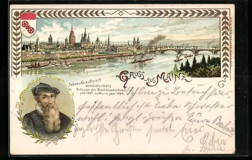 Lithographie Mainz, Ortsansicht m. Fluss u. Dampfer, Portrait v. Johann Gensfleisch