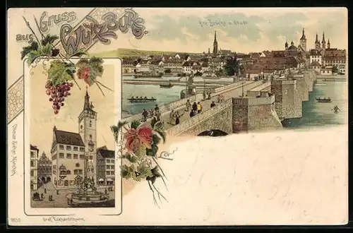 Lithographie Würzburg, Alte Brücke und Stadt, Graf Eckhardtturm, Neujahrsgruss