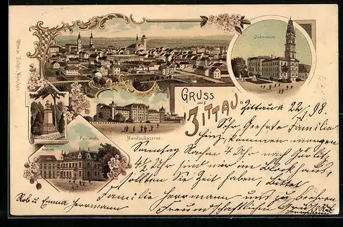 Lithographie Zittau, Totalansicht, Johanneum, Mandaukaserne