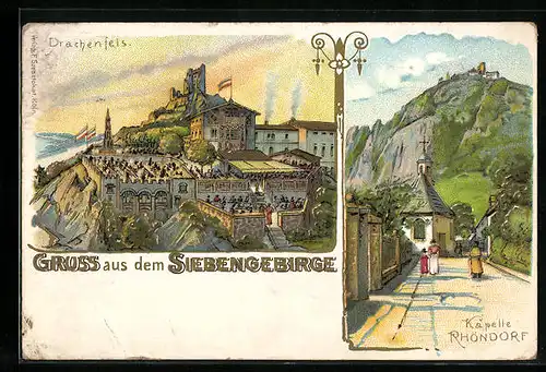 Lithographie Rhöndorf, Gaststätte auf dem Drachenfels, Kapelle mit Umgebung