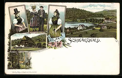 Lithographie Schwarzwald, Schwarzwälder Bauernhaus, Menschen in Schwarzwälder Tracht