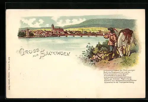 Lithographie Säckingen, Trompeter mit Pferd blickt über den Rhein zum Ort, Behüt Dich Gott!