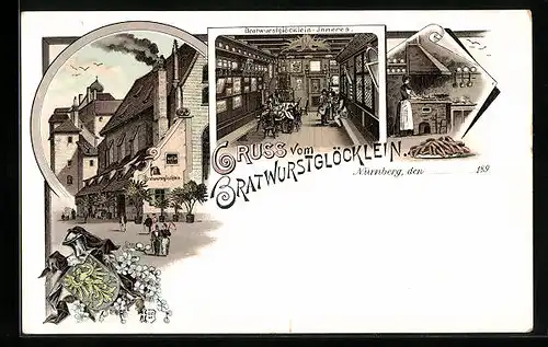 Lithographie Nürnberg, Gasthaus Bratwurstglöcklein mit Innenansicht