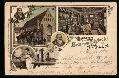Lithographie Nürnberg, Gasthaus Bratwurstglöckl, Albrecht Dürer, Hans Sachs