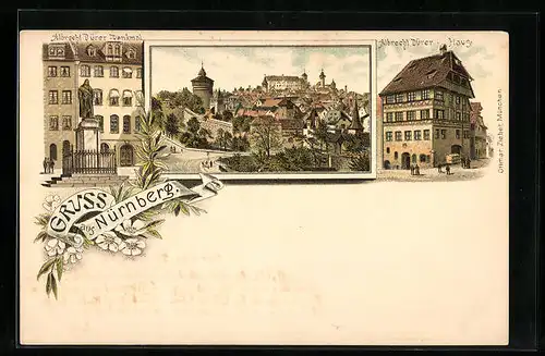 Lithographie Nürnberg, Albrecht-Dürer-Denkmal und -Haus, Teilansicht