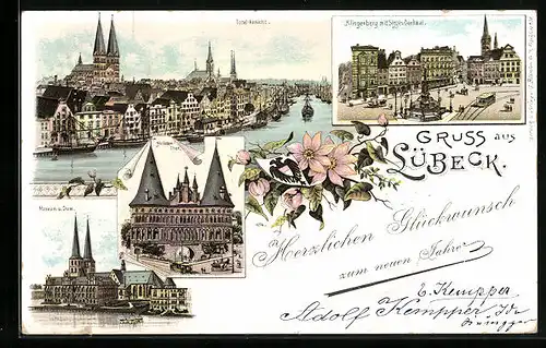 Lithographie Lübeck, Totalansicht, Klingenberg mit Sieges-Denkmal, Museum & Dom