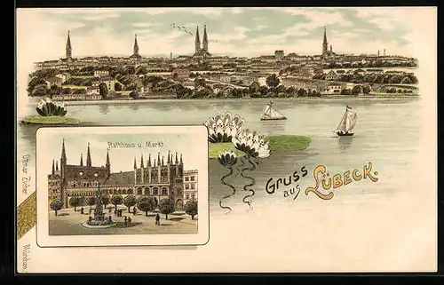 Lithographie Lübeck, Panorama mit Segelsbooten, Rathaus und Markt