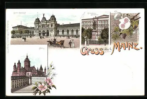 Lithographie Mainz, Central Bahnhof, Gutenberg Denkmal & Dom