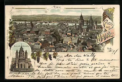 Lithographie Mainz, Dom von Westen, Ortsansicht aus der Vogelschau