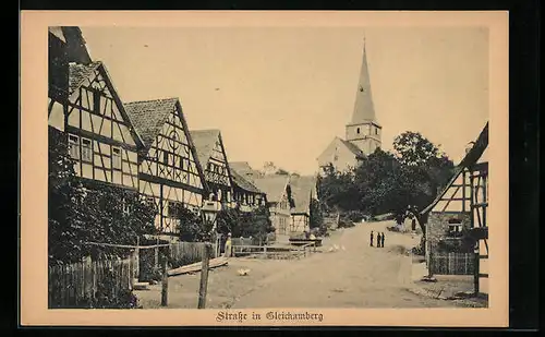 AK Gleichamberg, Strassenpartie mit Fachwerkhäusern und Kirche