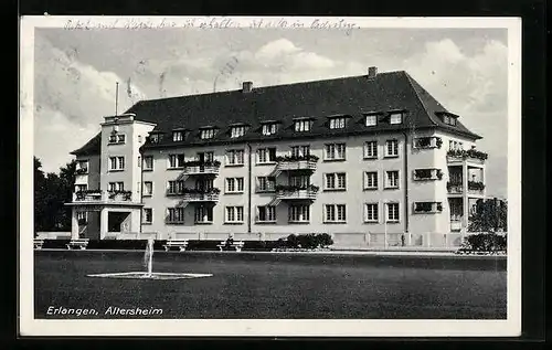 AK Erlangen, Altersheim, Gebäudeansicht mit Springbrunnen