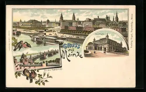 Lithographie Mainz, Panorama mit Dampfer, Stadthalle, Rheinbrücke
