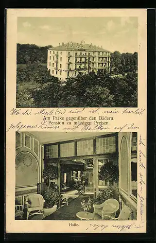 AK Bad Nauheim, Pension Eleonoren-Hospiz, Direktor A. Hanke, Gebäude aus der Vogelschau, Halle
