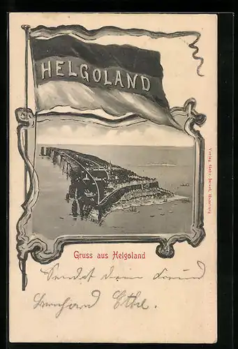 Passepartout-AK Helgoland, Gesamtansicht aus der Vogelschau, Flagge