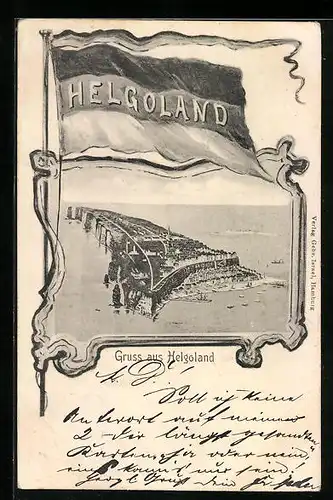 Passepartout-AK Helgoland, Gesamtansicht von oben, deutsche Flagge