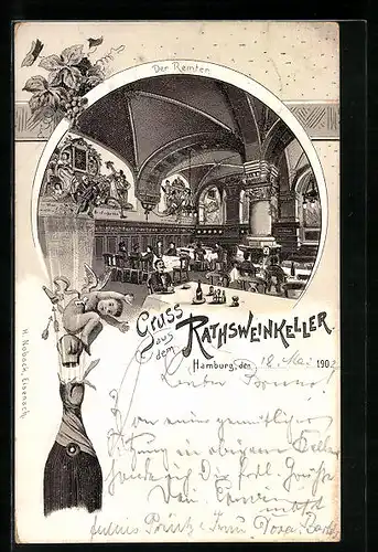 Lithographie Hamburg, Gasthaus Rathsweinkeller, Der Remter, Sektflasche mit Engel