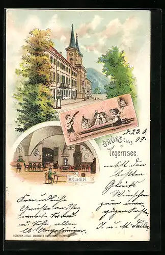 Lithographie Tegernsee, Gasthaus zum Bräustübl mit Innenansicht