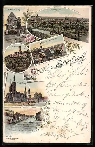 Lithographie Bamberg, Totalansicht, Alte Hofhaltung, Altenburg & Rathaus