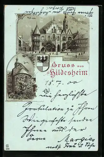 Mondschein-Lithographie Hildesheim, Rathaus mit Strasse und Platz, Dom, Wappen