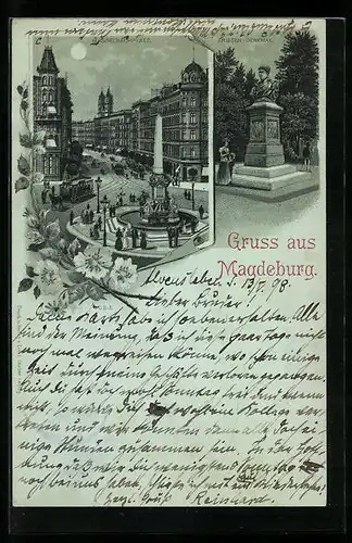 Mondschein-Lithographie Magdeburg, Hasselbachplatz aus der Vogelschau, Friesen-Denkmal