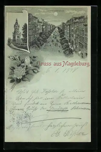 Mondschein-Lithographie Magdeburg, Kaiserstrasse aus der Vogelschau, Krieger-Denkmal, Rose