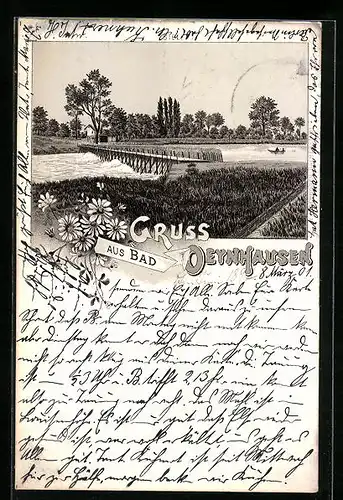 Lithographie Bad Oeynhausen, Brücke am Fluss mit Uferweg