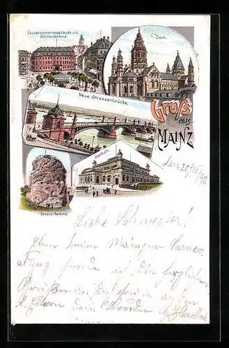 Lithographie Mainz, Gouvernementsgebäude mit Schillerdenkmal, Dom, Neue Strassenbrücke
