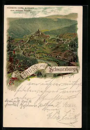 Lithographie Schwarzburg /Th., Gesamtansicht mit Burg aus der Vogelschau