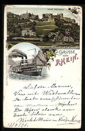 Lithographie Rheinfels, Ruine mit Umgebung, Rheindampfer