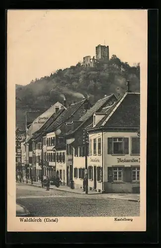 AK Waldkirch /Elztal, Strassenpartie mit Kastelburg und Restauration Jägerhaus