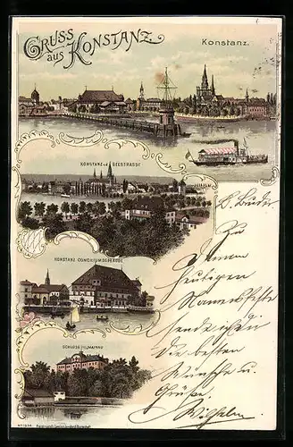 Lithographie Konstanz, Conciliumsgebäude, Schloss Mainau, Ortsansicht von der Seestrasse aus