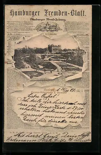 Zeitung-AK Hamburg-St.Pauli, Kersten-Milesbrücke und Seewarte im Zeitungs-Passepartout, Hamburger Fremden-Blatt 1901