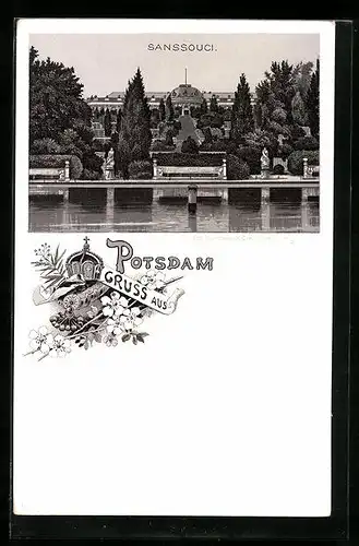 Lithographie Potsdam, Schloss Sanssouci vom Wasser gesehen, Krone und Blumen