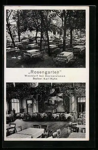 AK Westdorf bei Aschersleben, Gasthaus Rosengarten K. Huhn, Innenansicht und Garten