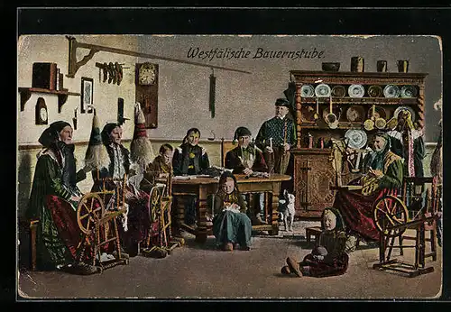 AK Männer, Frauen und Kinder in Trachten sitzen in einer Westfälischen Bauernstube am Spinnrad