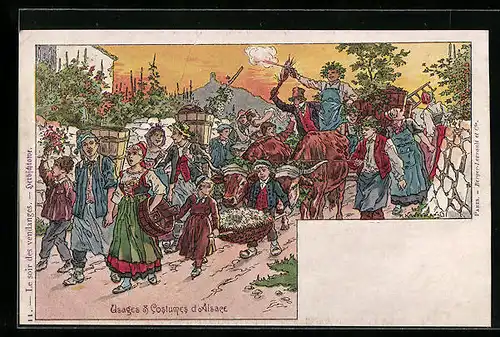 Künstler-AK sign. P. Kauffmann: Usages & Costumes d`Alsace, Ländlicher Festumzug