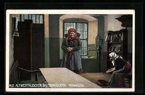 AK Frauen in Tracht in der Wohnküche eines westfälischen Bauernhauses