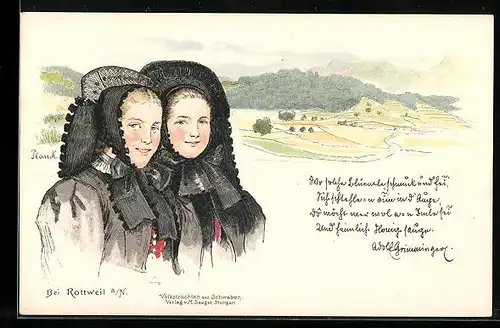 Lithographie Rottweil a. N., Zwei Mädchen in schwäbischer Tracht über Hügellandschaft