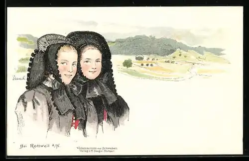 Lithographie Rottweil a. N., Zwei Mädchen in schwäbischer Tracht über Hügellandschaft