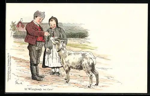 Lithographie Würzbach bei Calw, Kinder in Trachten füttern eine Ziege