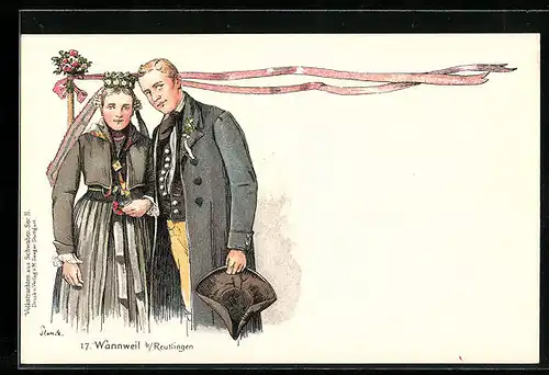 AK Wannweil bei Reutlingen, Junges Paar in schwäbischer Tracht