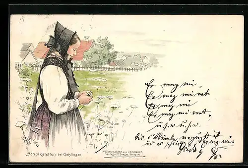 Lithographie Schalkstetten bei Geislingen, Junge Frau in Tracht auf einer Blumenwiese vor dem Ort