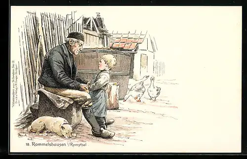 AK Rommelshausen i. Remstal, Mann mit Volkstracht aus Schwaben im Gespräch mit seinem Enkel