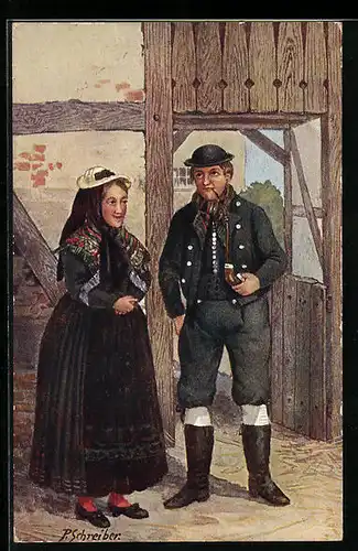 Künstler-AK Schwarze Bauern aus der Gegend Rostock, Schwaan u. Doberan, Tracht