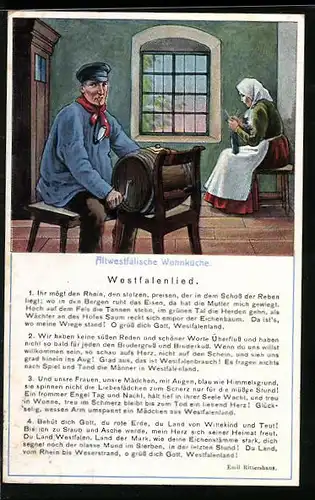 Künstler-AK Mann u. Frau in Tracht in ihrer Altwestfälischen Wohnküche