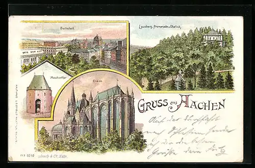 Lithographie Aachen, Maschinentor, Dom, Burtscheid und Obelisk