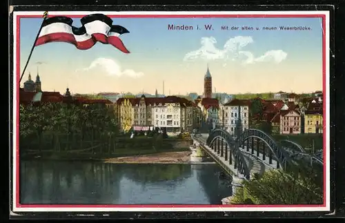 AK Minden i. W., Uferpartie mit der alten und neuen Weserbrücke, Flagge